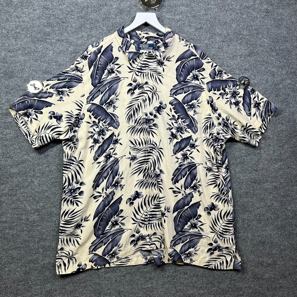 Vintage Polo Ralph Lauren Clayton Shirt Men's Blue Cream Viscose Hawaiian - 2XL